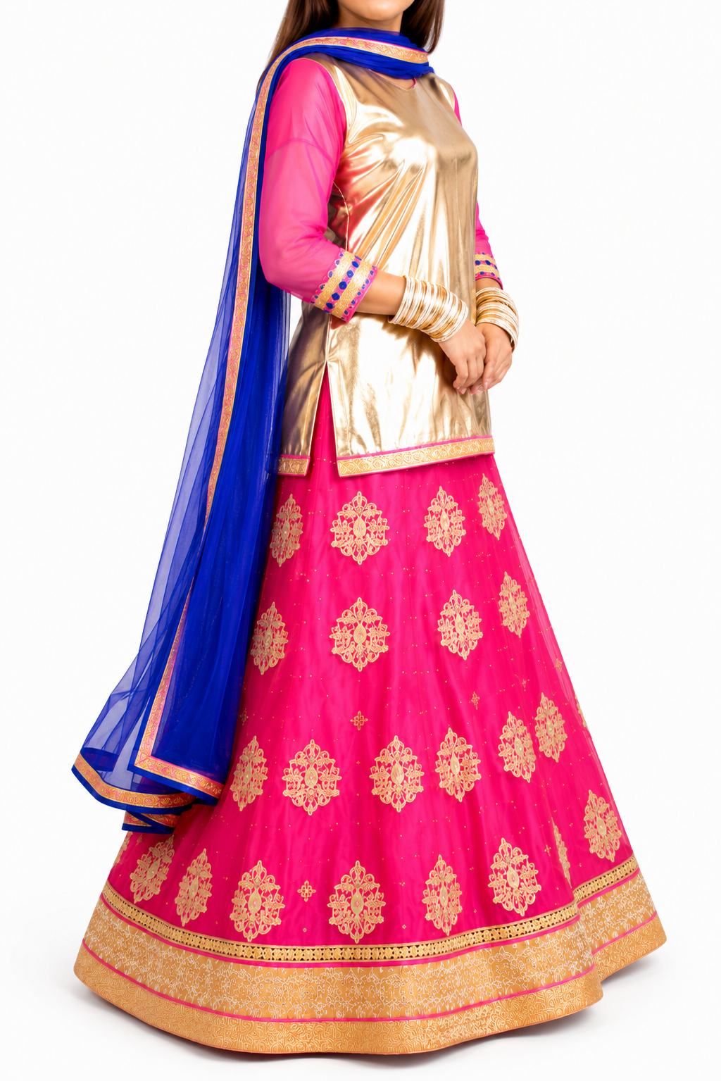 Royal Pink & Gold 4-Piece Festive Lehenga Set with Blue Dupatta