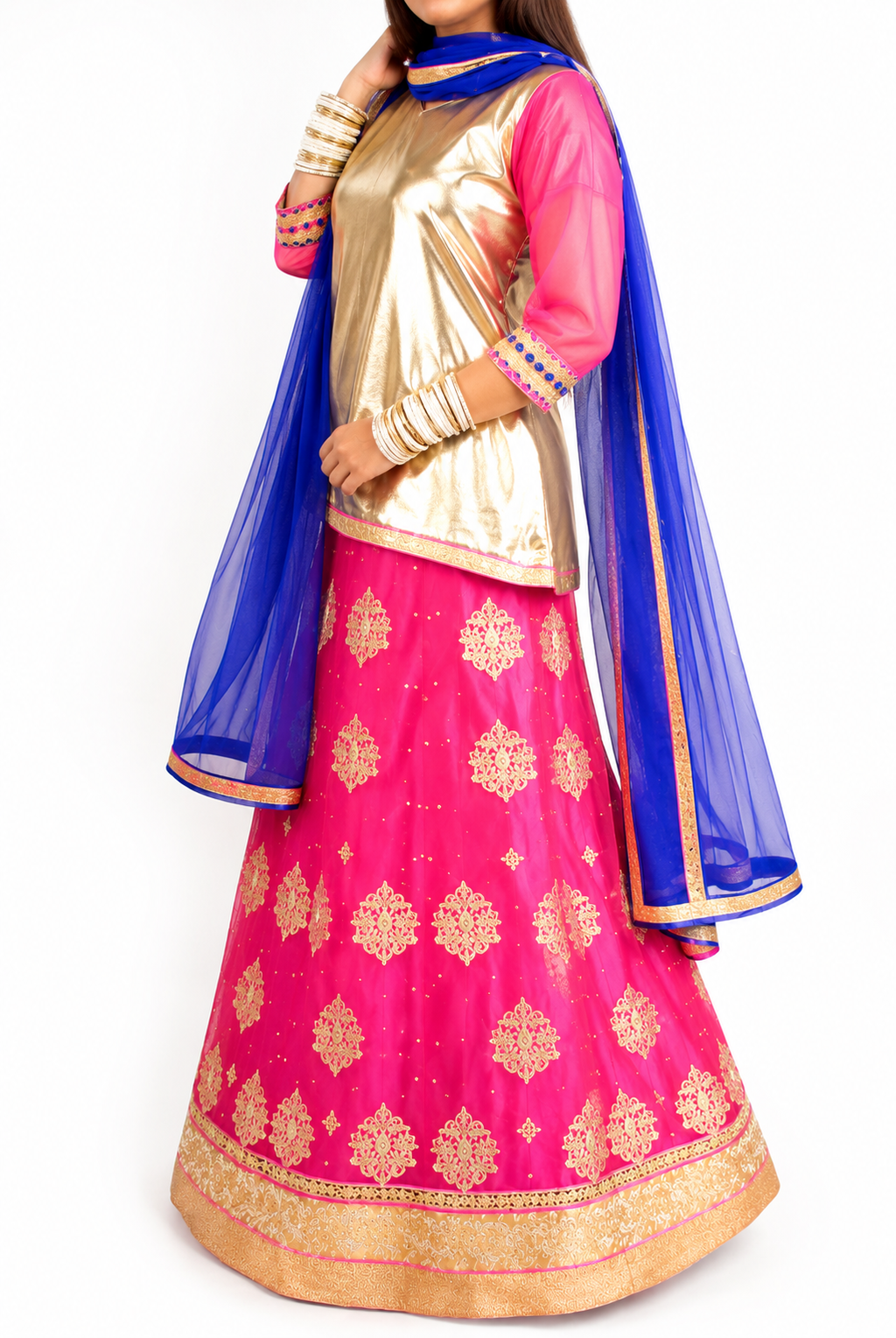 Royal Pink & Gold 4-Piece Festive Lehenga Set with Blue Dupatta