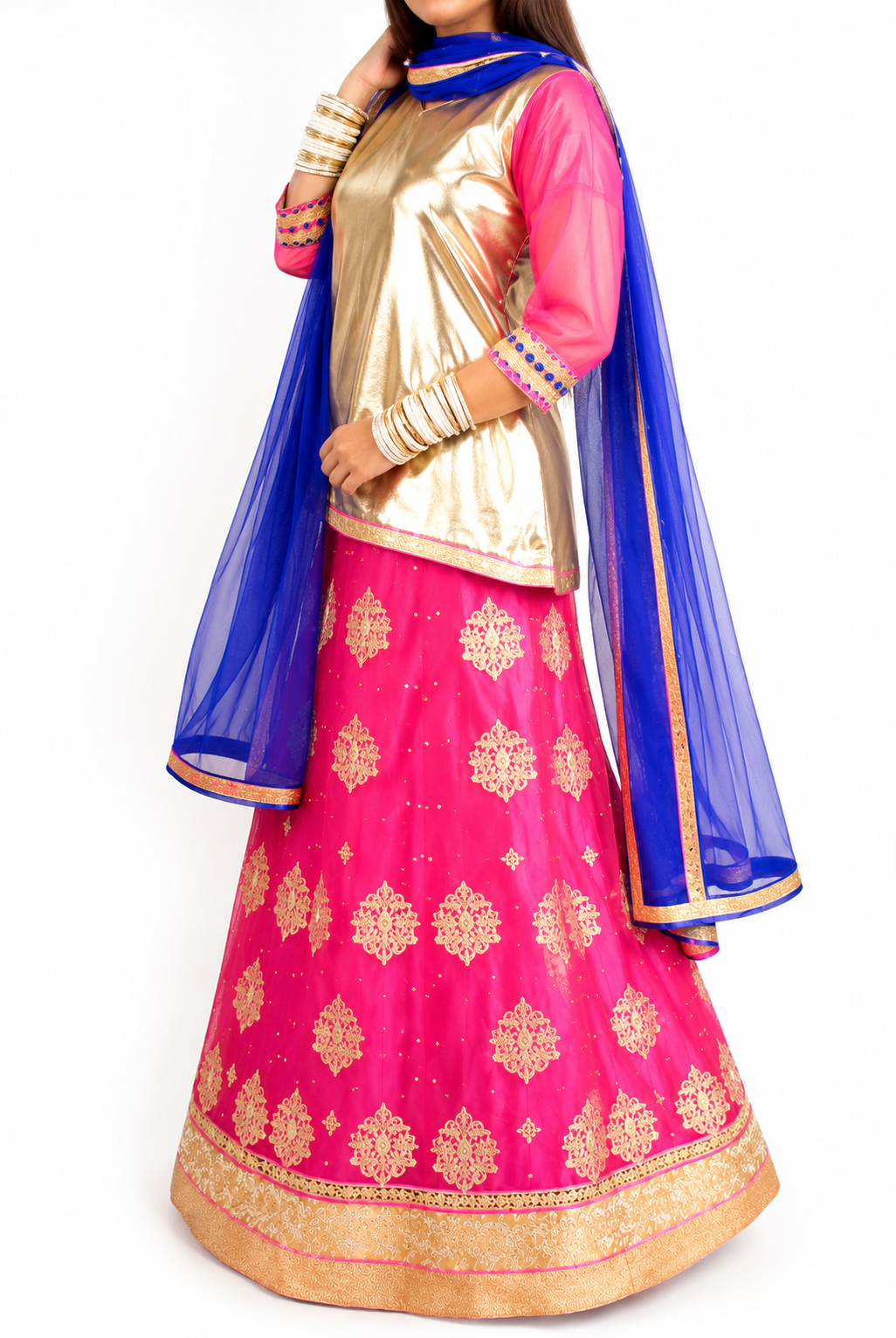 Royal Pink & Gold 4-Piece Festive Lehenga Set with Blue Dupatta