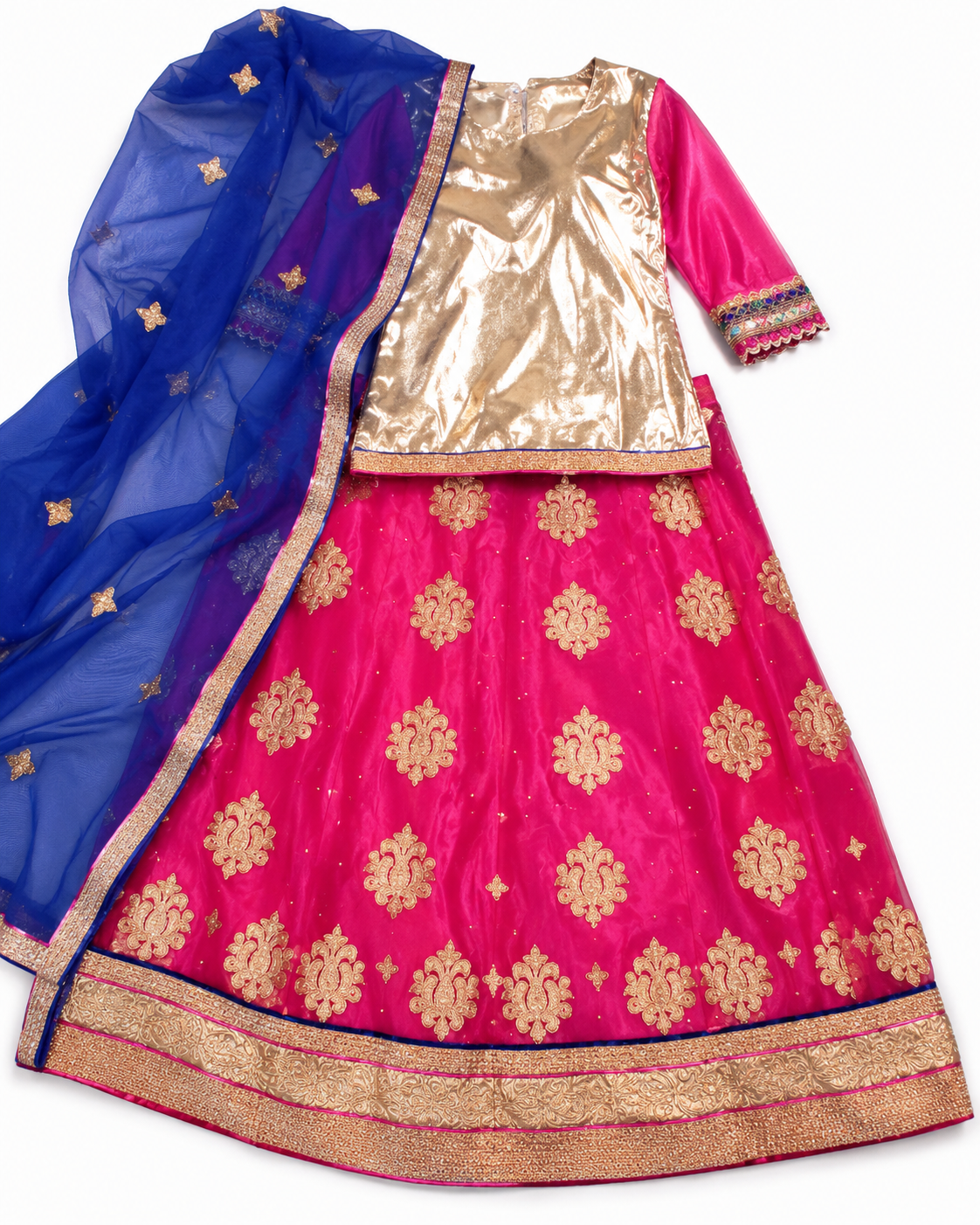 Royal Pink & Gold 4-Piece Festive Lehenga Set with Blue Dupatta
