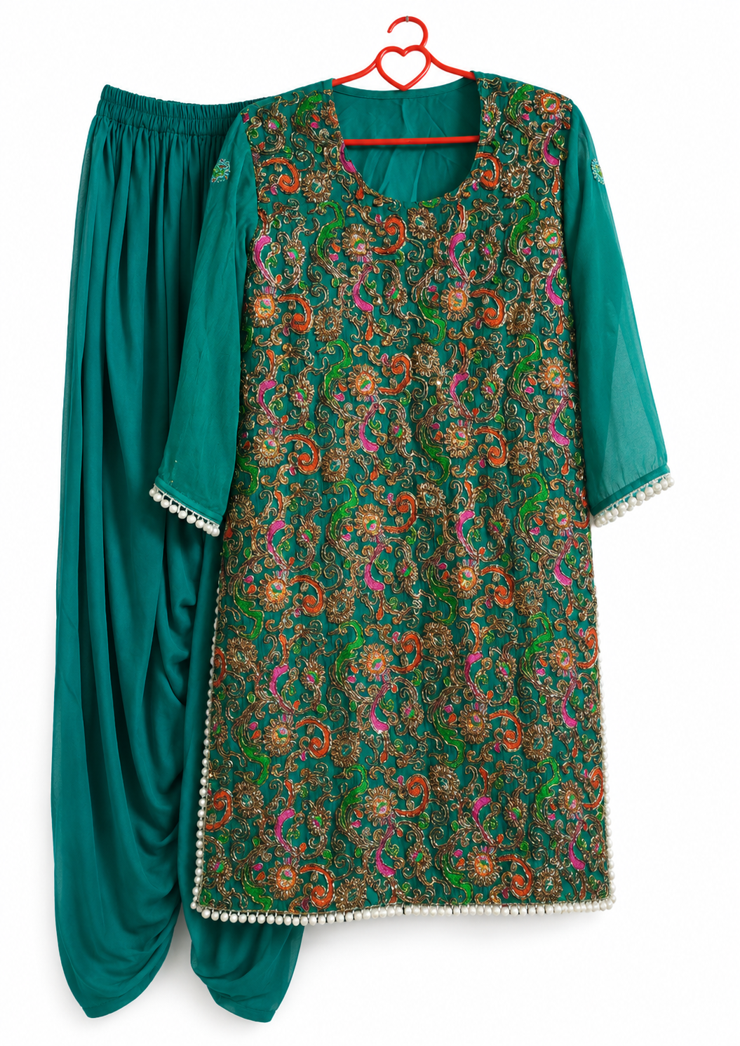 Emerald Gotta Embroidered Green Punjabi Suit – 3 Piece