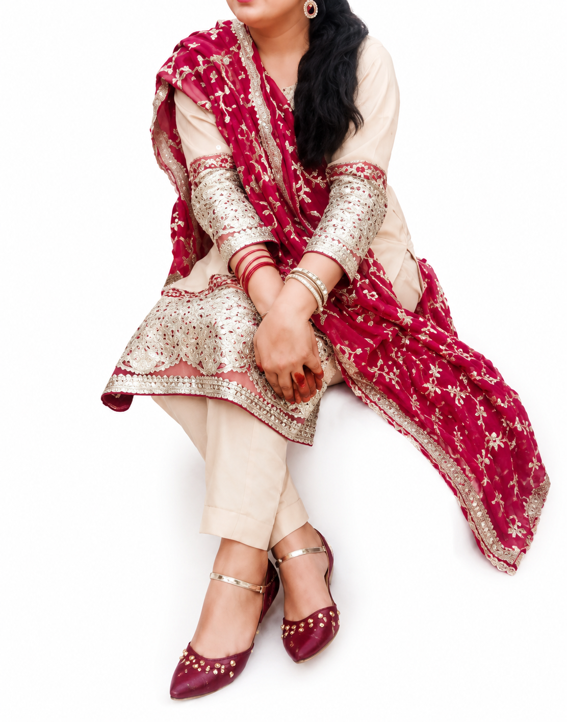 Deep Maroon & Ivory Embroidered 3PC Traditional Wear
