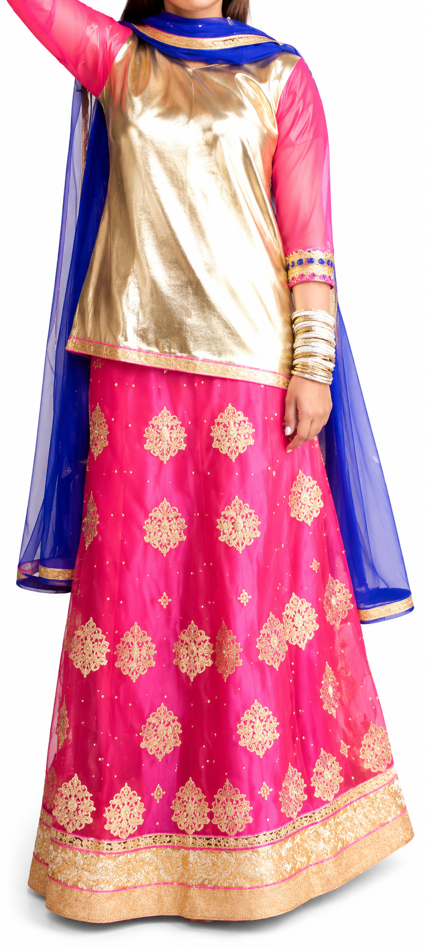 Royal Pink & Gold 4-Piece Festive Lehenga Set with Blue Dupatta