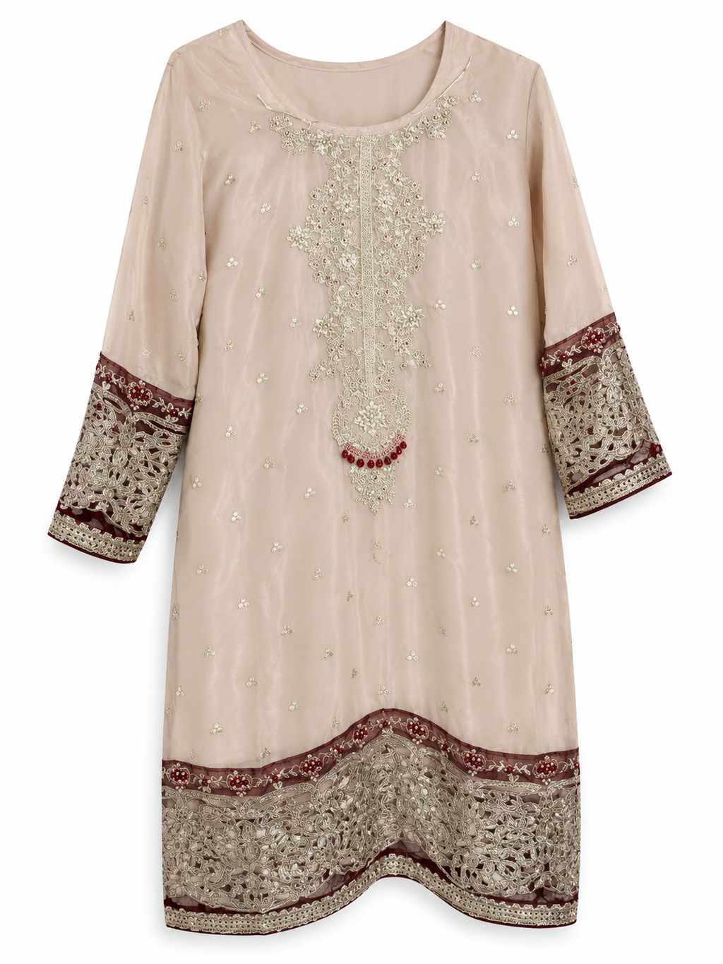 Deep Maroon & Ivory Embroidered 3PC Traditional Wear