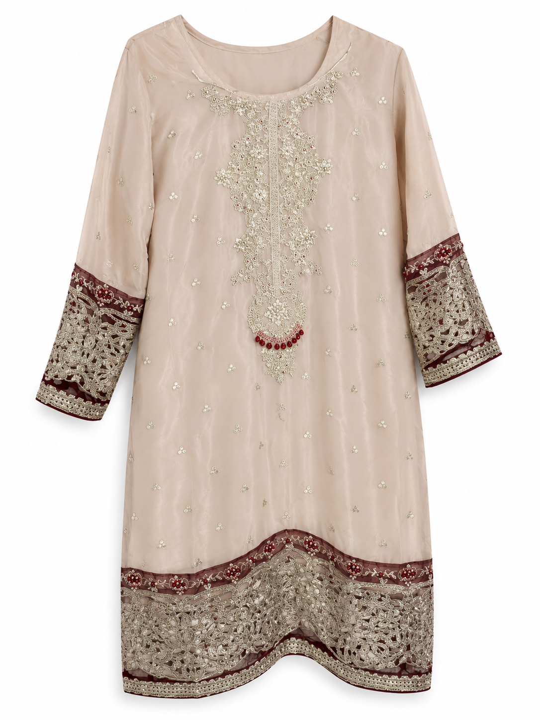 Deep Maroon & Ivory Embroidered 3PC Traditional Wear