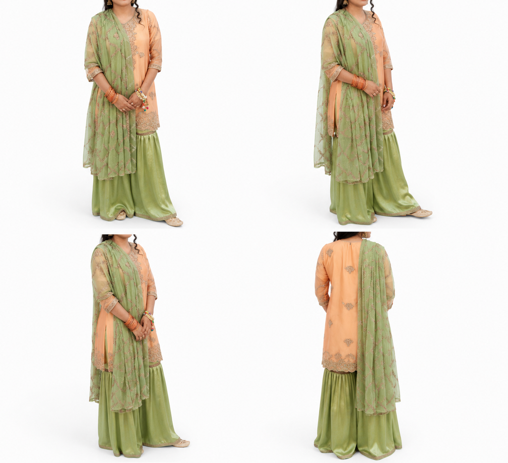 Elegant Peach & Sage Green Three-Piece Stitched Outfit