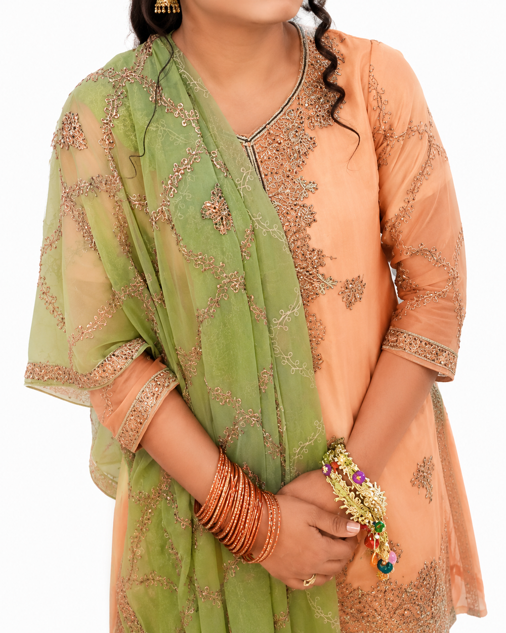Elegant Peach & Sage Green Three-Piece Stitched Outfit