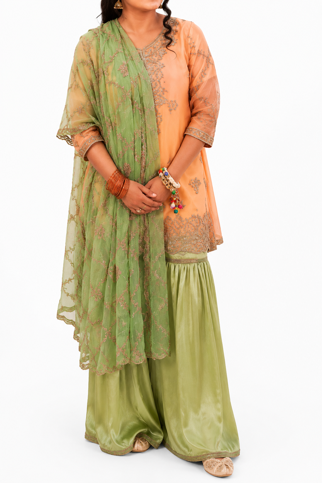 Elegant Peach & Sage Green Three-Piece Stitched Outfit