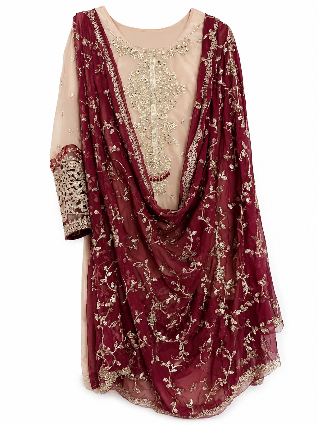 Deep Maroon & Ivory Embroidered 3PC Traditional Wear