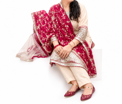 Deep Maroon & Ivory Embroidered 3PC Traditional Wear