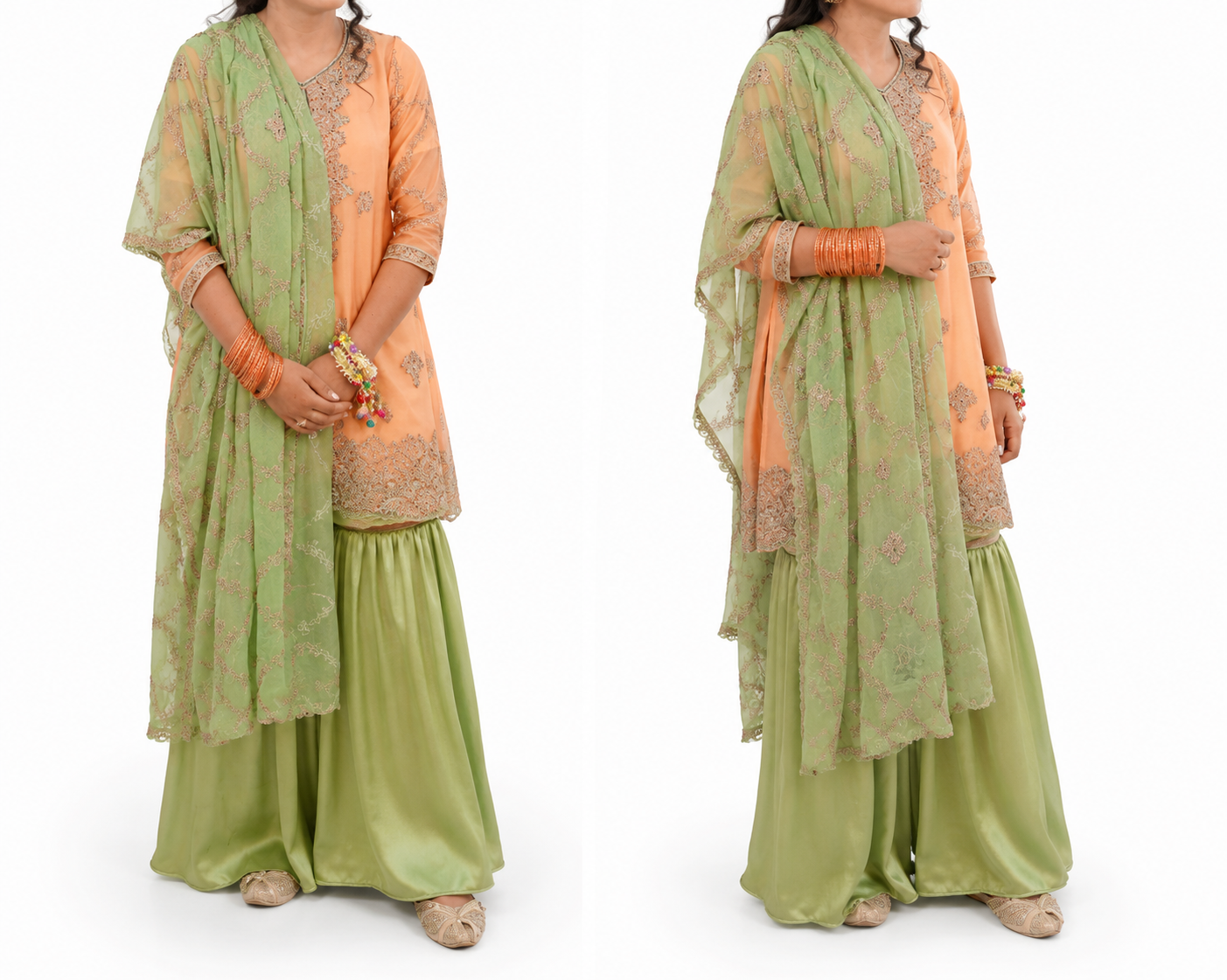 Elegant Peach & Sage Green Three-Piece Stitched Outfit